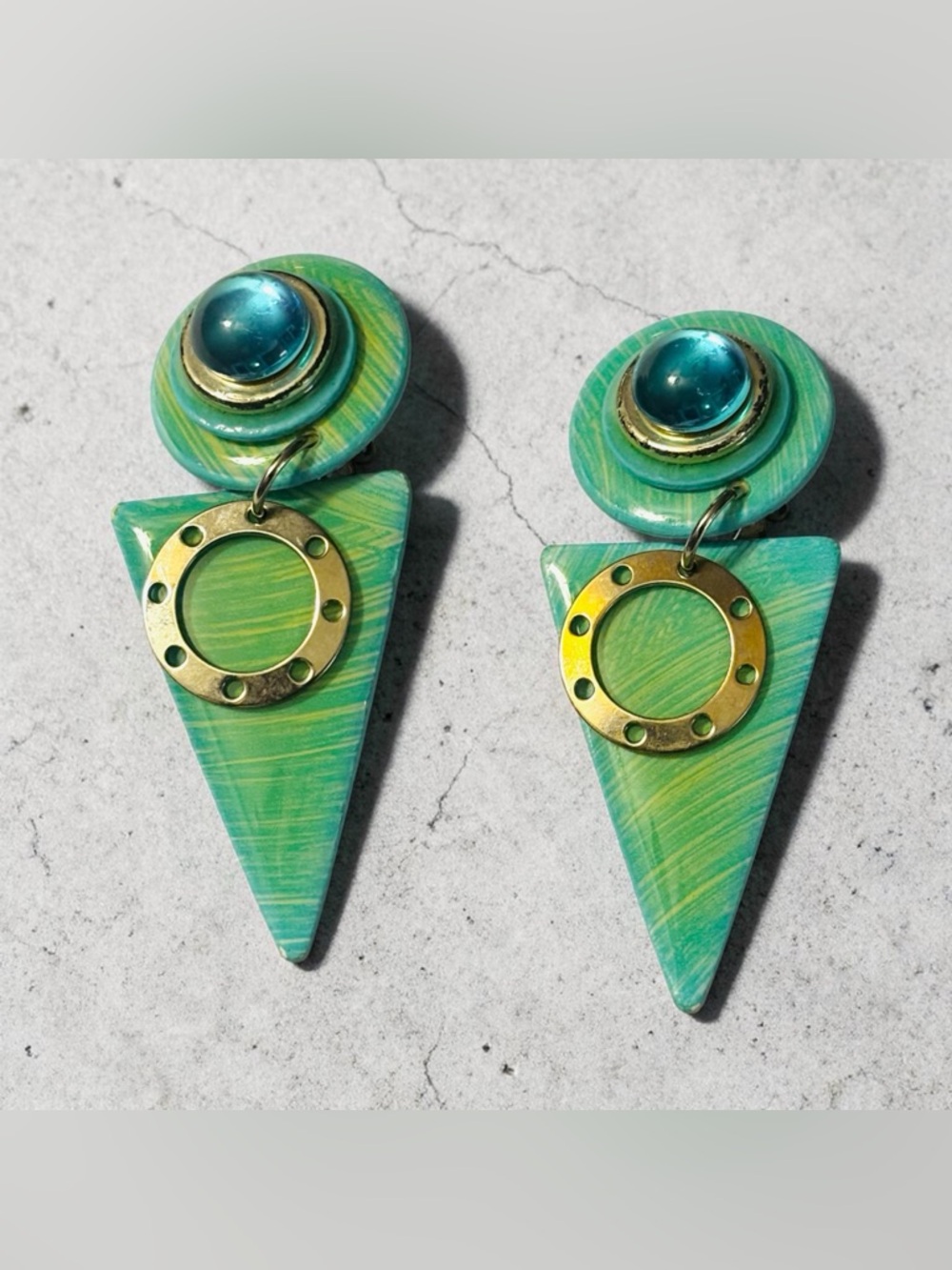 Handcrafted Teal Blue Teardrop Triangle Drop Earrings with Yellow Accents
